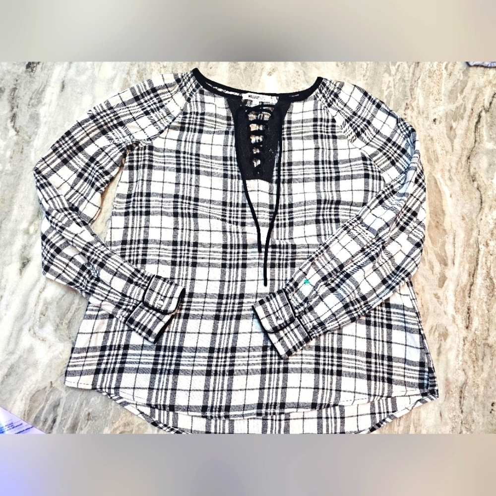 William Rast XS Plaid Cotton Lace-Up Blouse Black White Long Sleeve Top